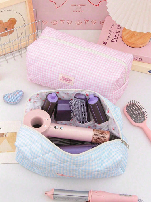 1pc Fresh Plaid Hair Dryer Bag, Fashion Casual Large Capacity Portable Zipper Travel Bag, Makeup/Storage Bag, Travel Stationery Storage, Vacation Essential Large Travel Bag, Children/Women Travel Bag