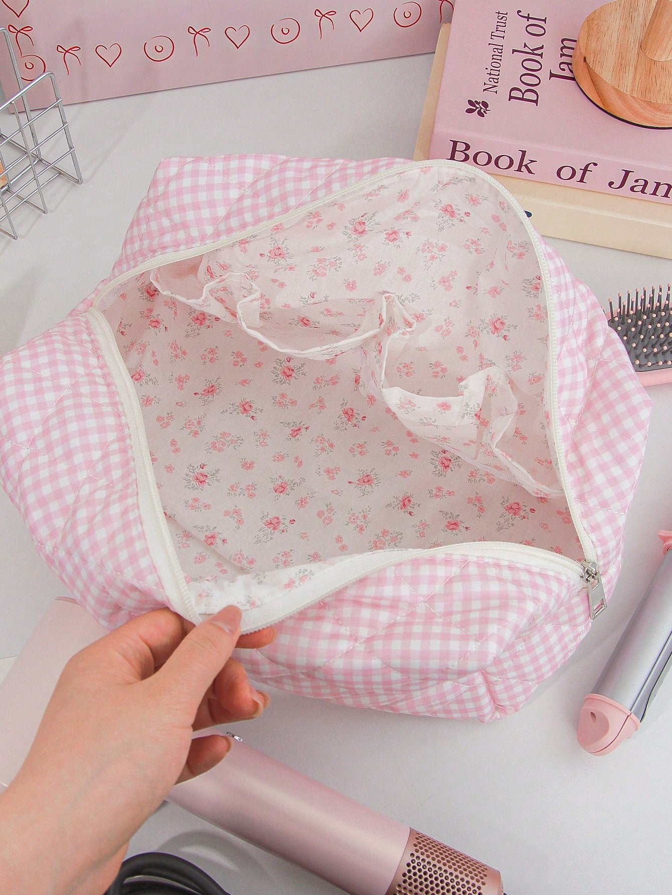 1pc Fresh Plaid Hair Dryer Bag, Fashion Casual Large Capacity Portable Zipper Travel Bag, Makeup/Storage Bag, Travel Stationery Storage, Vacation Essential Large Travel Bag, Children/Women Travel Bag