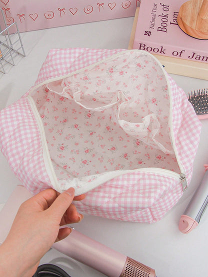 1pc Fresh Plaid Hair Dryer Bag, Fashion Casual Large Capacity Portable Zipper Travel Bag, Makeup/Storage Bag, Travel Stationery Storage, Vacation Essential Large Travel Bag, Children/Women Travel Bag