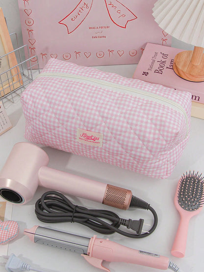 1pc Fresh Plaid Hair Dryer Bag, Fashion Casual Large Capacity Portable Zipper Travel Bag, Makeup/Storage Bag, Travel Stationery Storage, Vacation Essential Large Travel Bag, Children/Women Travel Bag