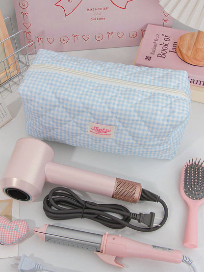 1pc Fresh Plaid Hair Dryer Bag, Fashion Casual Large Capacity Portable Zipper Travel Bag, Makeup/Storage Bag, Travel Stationery Storage, Vacation Essential Large Travel Bag, Children/Women Travel Bag