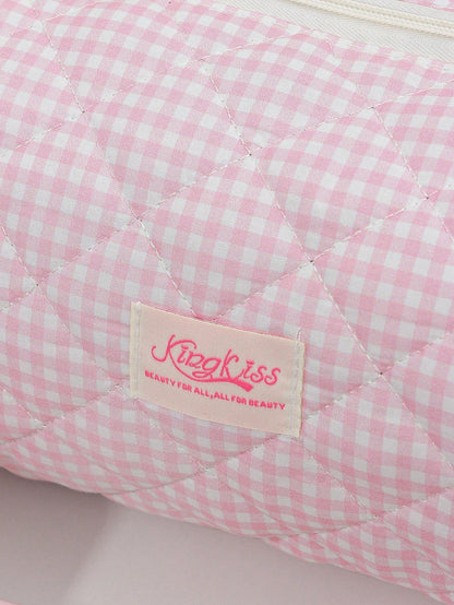 1pc Fresh Plaid Hair Dryer Bag, Fashion Casual Large Capacity Portable Zipper Travel Bag, Makeup/Storage Bag, Travel Stationery Storage, Vacation Essential Large Travel Bag, Children/Women Travel Bag