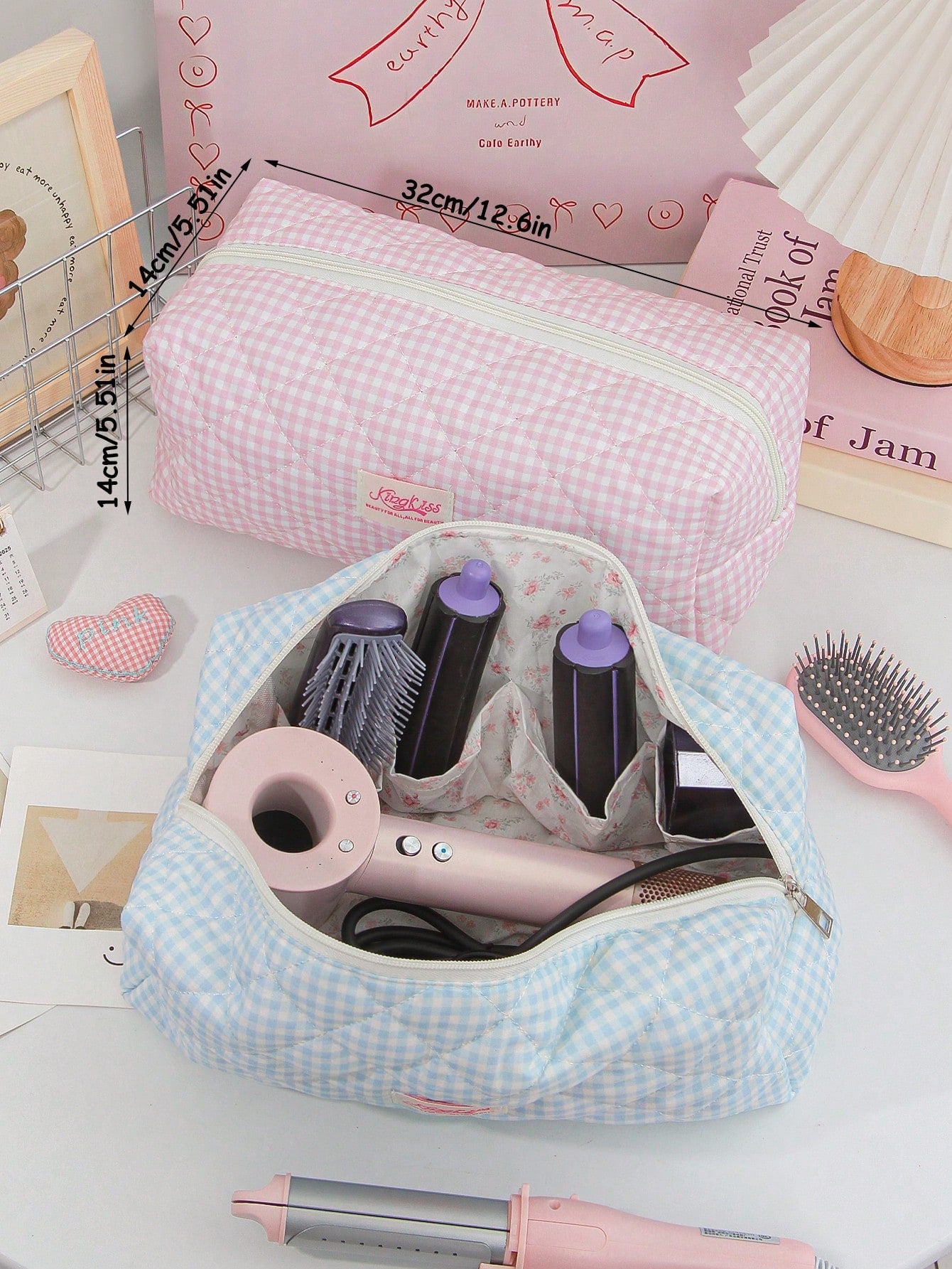1pc Fresh Plaid Hair Dryer Bag, Fashion Casual Large Capacity Portable Zipper Travel Bag, Makeup/Storage Bag, Travel Stationery Storage, Vacation Essential Large Travel Bag, Children/Women Travel Bag