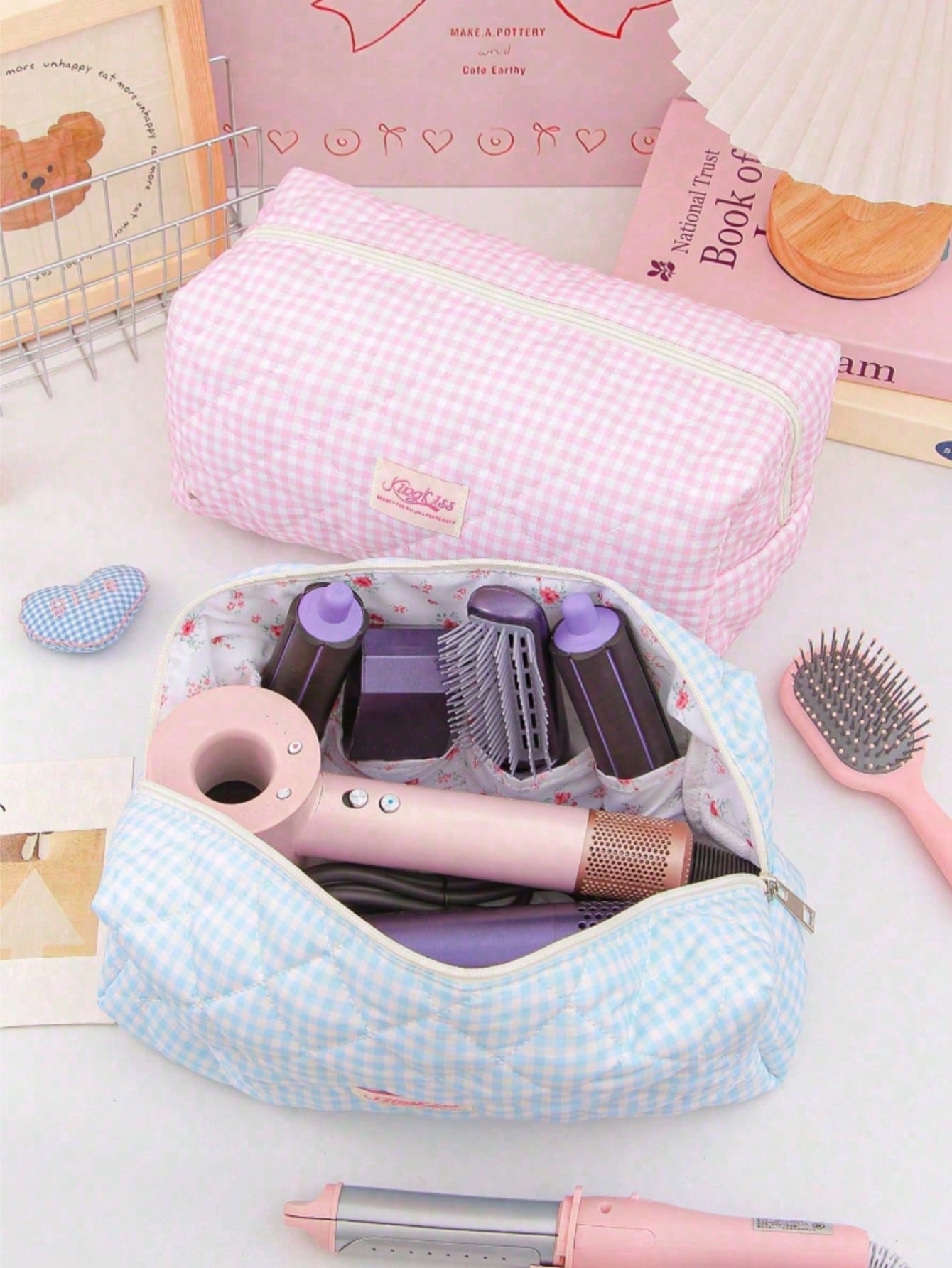 1pc Fresh Plaid Hair Dryer Bag, Fashion Casual Large Capacity Portable Zipper Travel Bag, Makeup/Storage Bag, Travel Stationery Storage, Vacation Essential Large Travel Bag, Children/Women Travel Bag