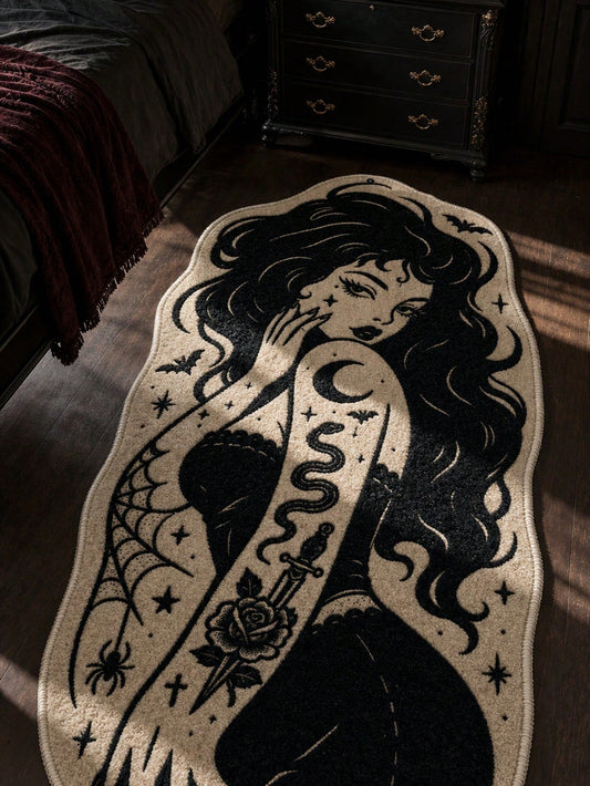 1pc Gothic Tattoo Girl Area Rug Black And White Witchy Pin Up Art Soft Plush Rug For Bedroom Living Room Dressing Room Vanity Dorm Grunge Punk Emo Dark Academia Aesthetic Whimsical Home Decor Cute Hal