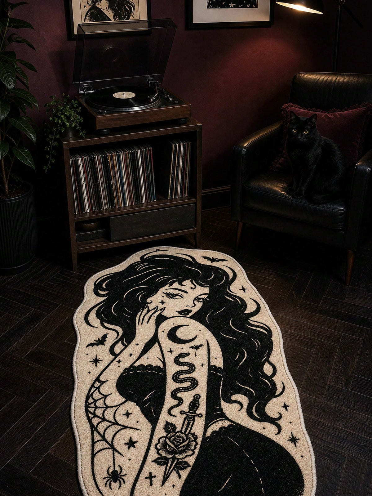 1pc Gothic Tattoo Girl Area Rug Black And White Witchy Pin Up Art Soft Plush Rug For Bedroom Living Room Dressing Room Vanity Dorm Grunge Punk Emo Dark Academia Aesthetic Whimsical Home Decor Cute Hal