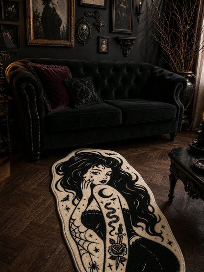 1pc Gothic Tattoo Girl Area Rug Black And White Witchy Pin Up Art Soft Plush Rug For Bedroom Living Room Dressing Room Vanity Dorm Grunge Punk Emo Dark Academia Aesthetic Whimsical Home Decor Cute Hal