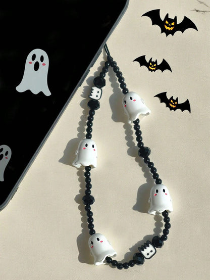1pc Halloween Cute Ghost Resin Beaded Phone Lanyard Matte Black Crystal Round Bead Spooky Monster Charms Thin Black Nylon String Wrist Strap Decor For Cell Phone CCD Camera Earbud Case Backpack Gothic