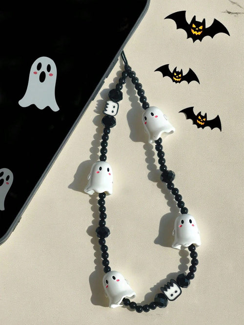 1pc Halloween Cute Ghost Resin Beaded Phone Lanyard Matte Black Crystal Round Bead Spooky Monster Charms Thin Black Nylon String Wrist Strap Decor For Cell Phone CCD Camera Earbud Case Backpack Gothic