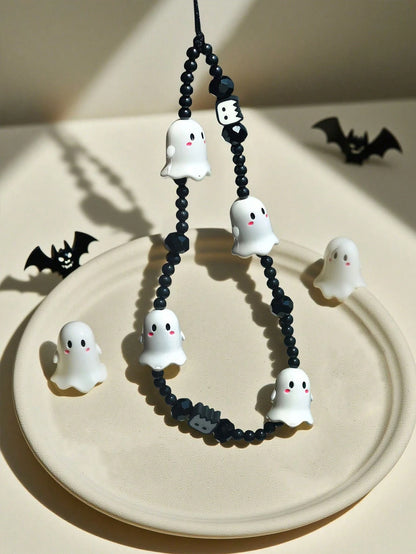 1pc Halloween Cute Ghost Resin Beaded Phone Lanyard Matte Black Crystal Round Bead Spooky Monster Charms Thin Black Nylon String Wrist Strap Decor For Cell Phone CCD Camera Earbud Case Backpack Gothic