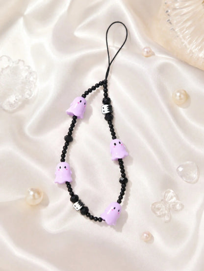 1pc Halloween Cute Ghost Resin Beaded Phone Lanyard Matte Black Crystal Round Bead Spooky Monster Charms Thin Black Nylon String Wrist Strap Decor For Cell Phone CCD Camera Earbud Case Backpack Gothic