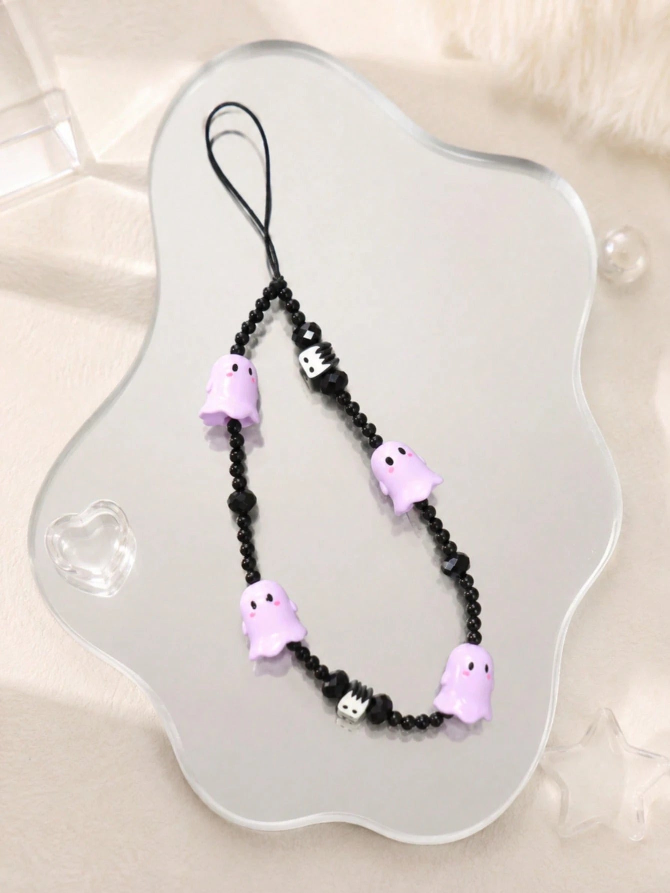 1pc Halloween Cute Ghost Resin Beaded Phone Lanyard Matte Black Crystal Round Bead Spooky Monster Charms Thin Black Nylon String Wrist Strap Decor For Cell Phone CCD Camera Earbud Case Backpack Gothic