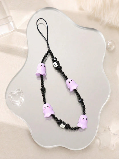 1pc Halloween Cute Ghost Resin Beaded Phone Lanyard Matte Black Crystal Round Bead Spooky Monster Charms Thin Black Nylon String Wrist Strap Decor For Cell Phone CCD Camera Earbud Case Backpack Gothic