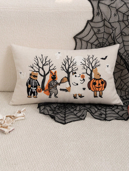 1pc Halloween Ghost Forest Animal Embroidered Pillowcase, Halloween Pumpkin Pillowcase, Suitable For Indoor Decoration, Ghost Festival Decoration, All-Season Pillowcase, Without Insert