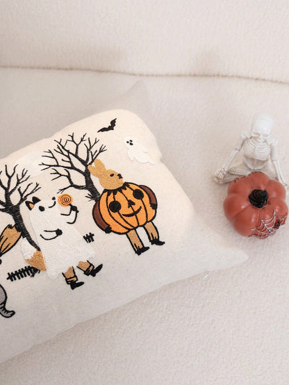 1pc Halloween Ghost Forest Animal Embroidered Pillowcase, Halloween Pumpkin Pillowcase, Suitable For Indoor Decoration, Ghost Festival Decoration, All-Season Pillowcase, Without Insert