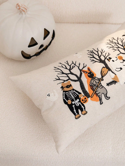 1pc Halloween Ghost Forest Animal Embroidered Pillowcase, Halloween Pumpkin Pillowcase, Suitable For Indoor Decoration, Ghost Festival Decoration, All-Season Pillowcase, Without Insert