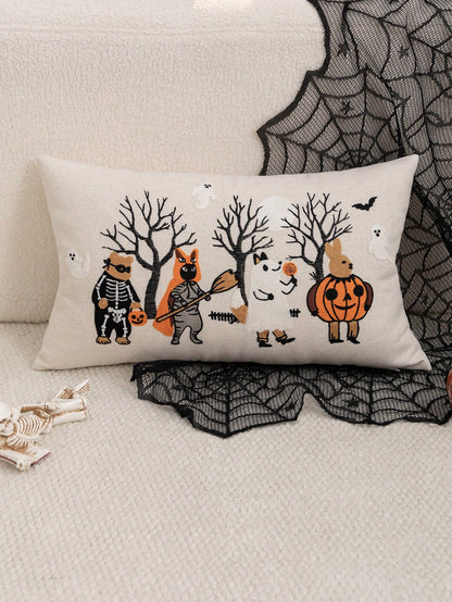 1pc Halloween Ghost Forest Animal Embroidered Pillowcase, Halloween Pumpkin Pillowcase, Suitable For Indoor Decoration, Ghost Festival Decoration, All-Season Pillowcase, Without Insert