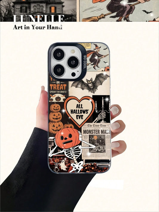 1pc Halloween Pumpkin Skeleton Pattern Artistic Vintage Style TPU+PET+PC Phone Case Color-Contrast Camera Frame Scratch-Resistant Shockproof Cover Stylish Comfortable Grip Holiday Gift For Girlfriend