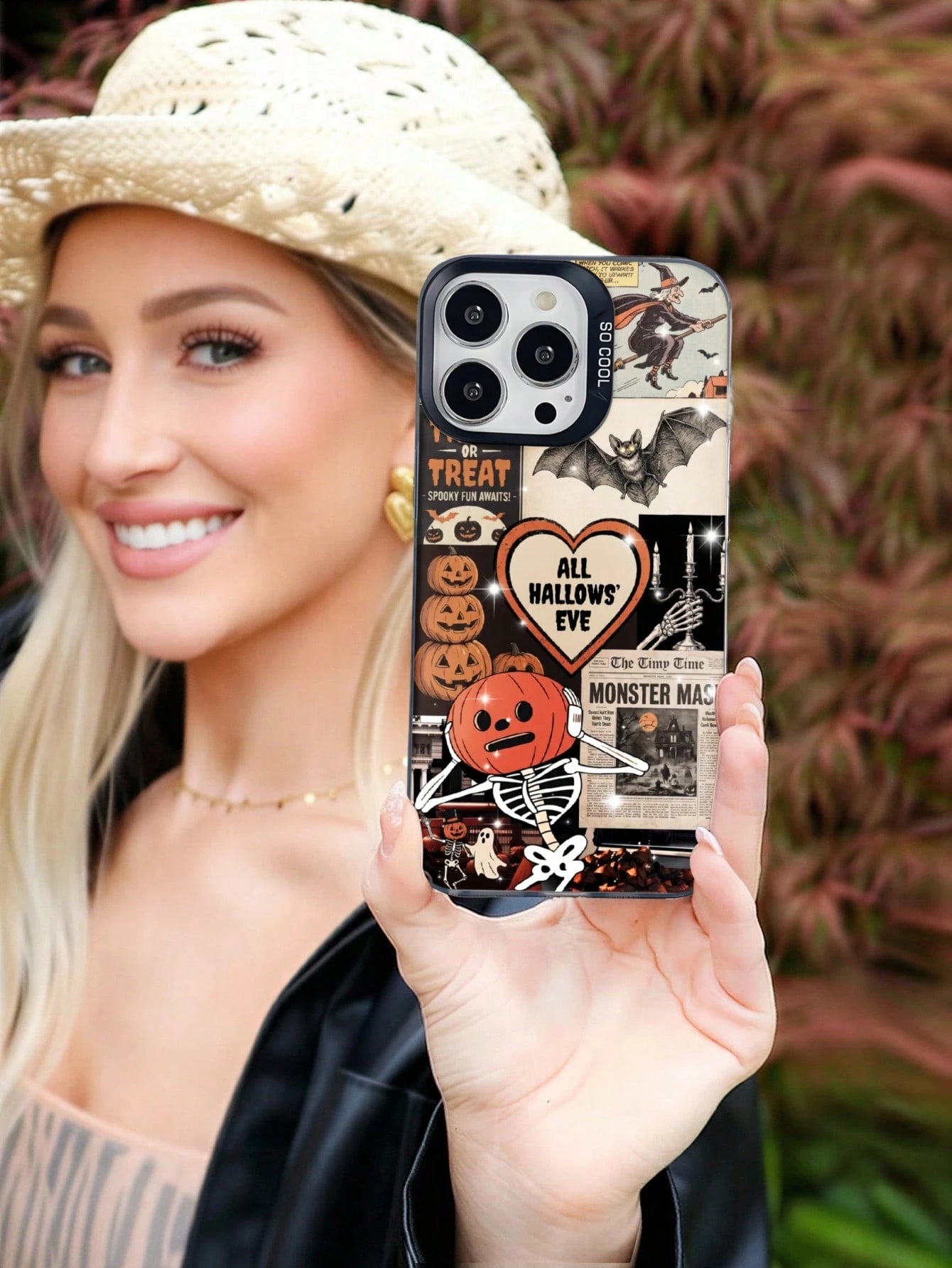 1pc Halloween Pumpkin Skeleton Pattern Artistic Vintage Style TPU+PET+PC Phone Case Color-Contrast Camera Frame Scratch-Resistant Shockproof Cover Stylish Comfortable Grip Holiday Gift For Girlfriend