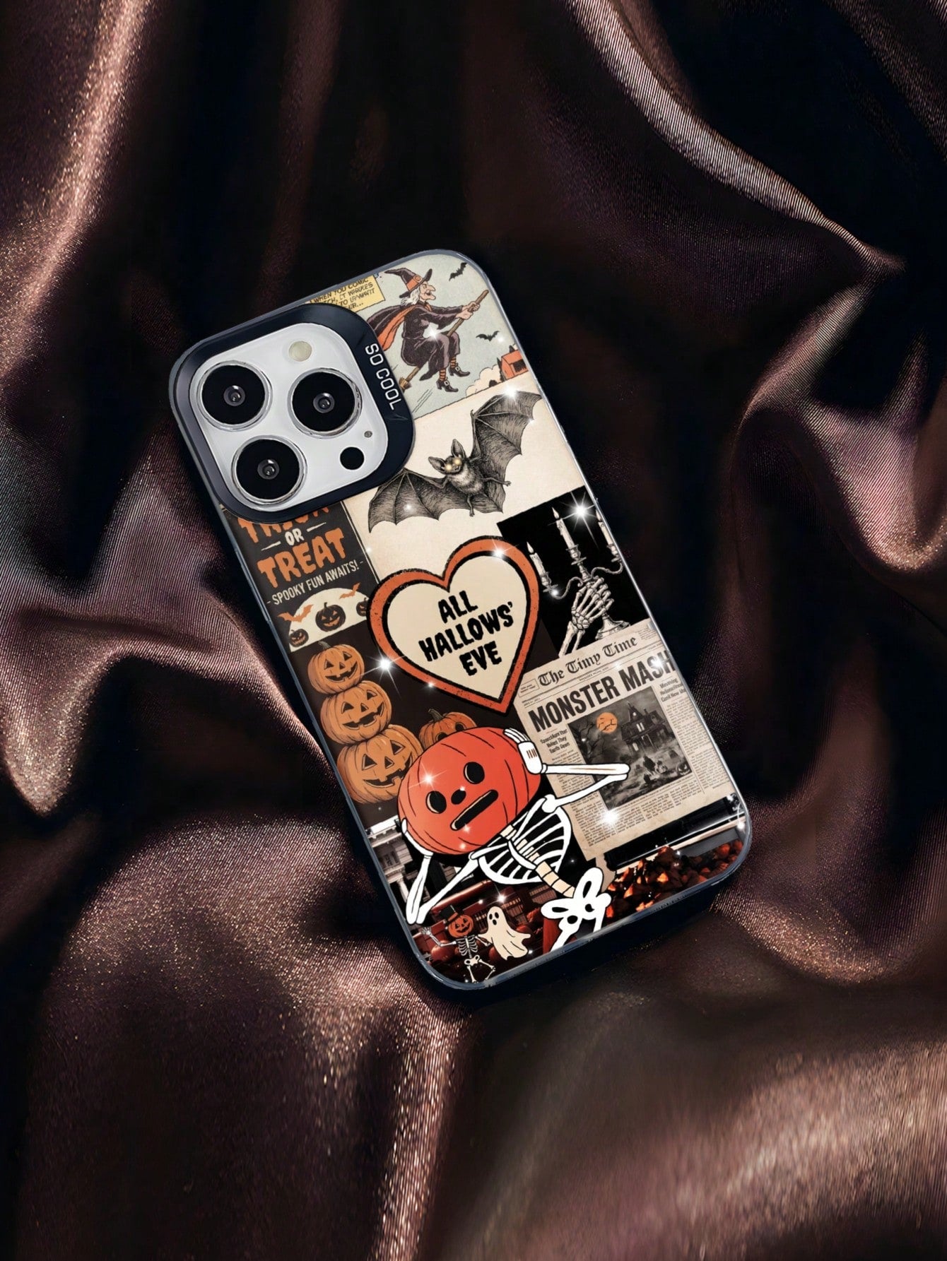 1pc Halloween Pumpkin Skeleton Pattern Artistic Vintage Style TPU+PET+PC Phone Case Color-Contrast Camera Frame Scratch-Resistant Shockproof Cover Stylish Comfortable Grip Holiday Gift For Girlfriend