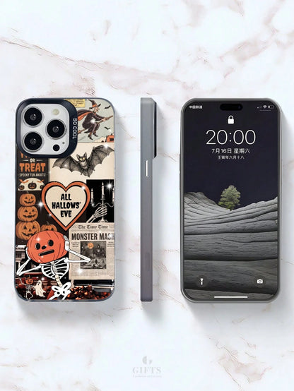 1pc Halloween Pumpkin Skeleton Pattern Artistic Vintage Style TPU+PET+PC Phone Case Color-Contrast Camera Frame Scratch-Resistant Shockproof Cover Stylish Comfortable Grip Holiday Gift For Girlfriend