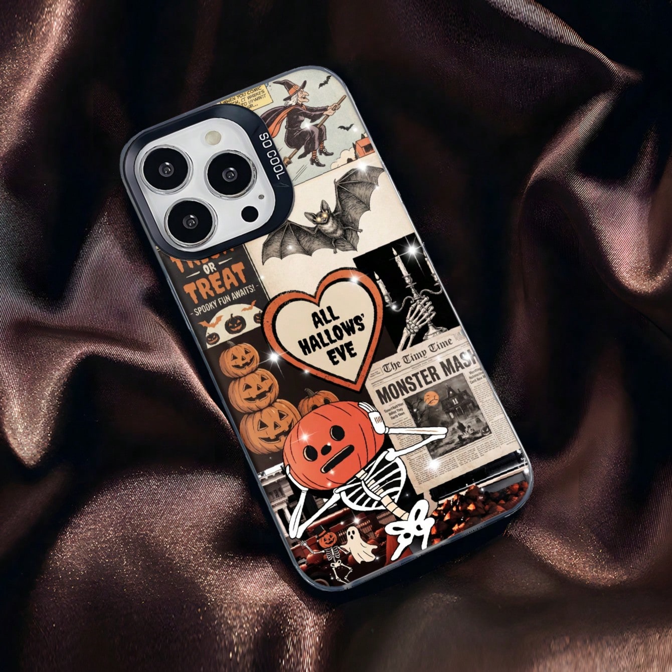 1pc Halloween Pumpkin Skeleton Pattern Artistic Vintage Style TPU+PET+PC Phone Case Color-Contrast Camera Frame Scratch-Resistant Shockproof Cover Stylish Comfortable Grip Holiday Gift For Girlfriend
