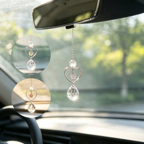 1pc Heart Flower Crystal Car Rearview Mirror Pendant, Elegant Style Auto Interior Decor Vehicle Accessory