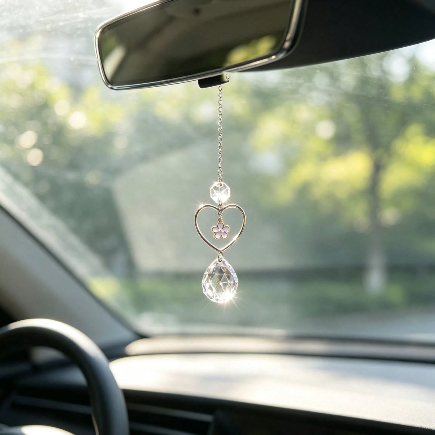 1pc Heart Flower Crystal Car Rearview Mirror Pendant, Elegant Style Auto Interior Decor Vehicle Accessory