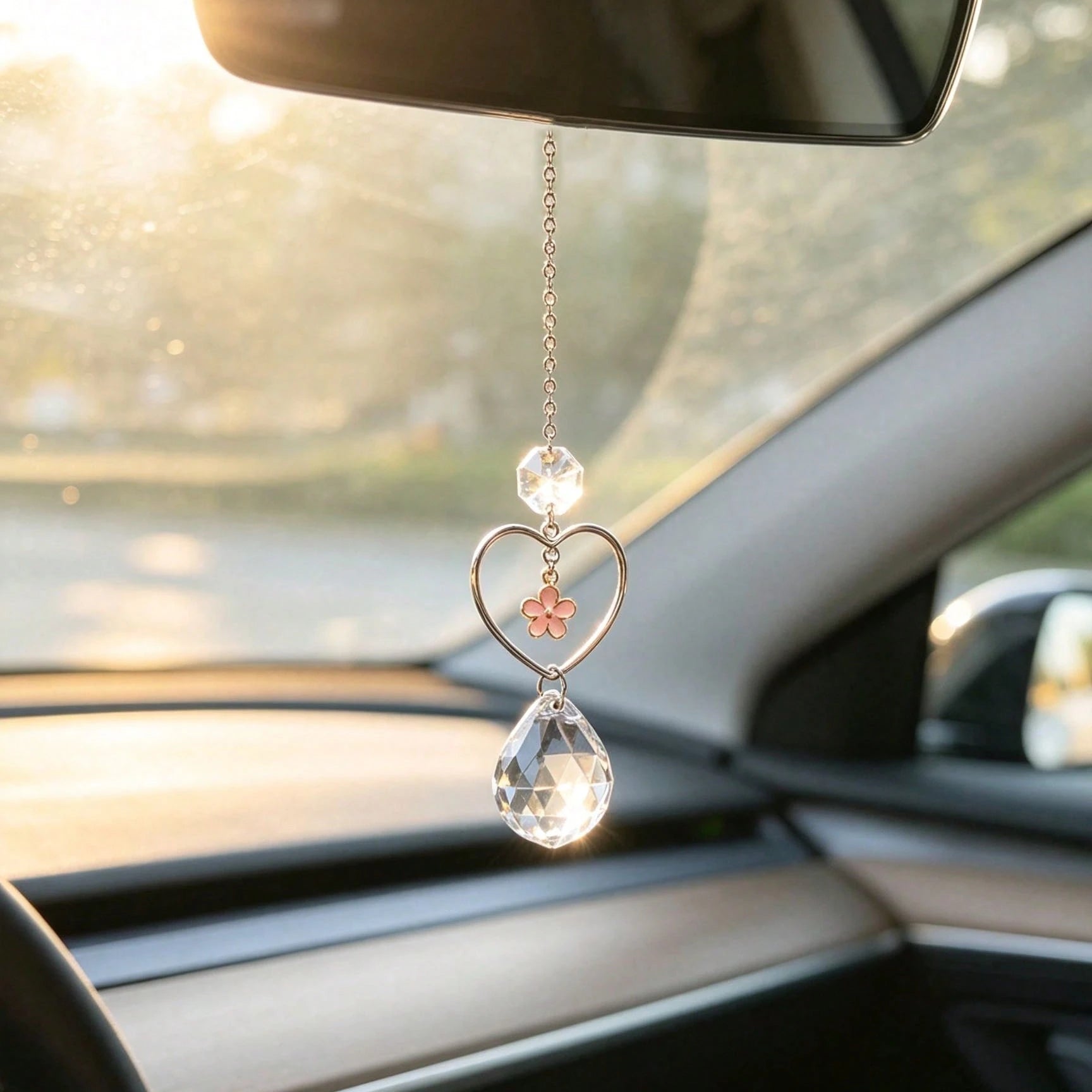 1pc Heart Flower Crystal Car Rearview Mirror Pendant, Elegant Style Auto Interior Decor Vehicle Accessory