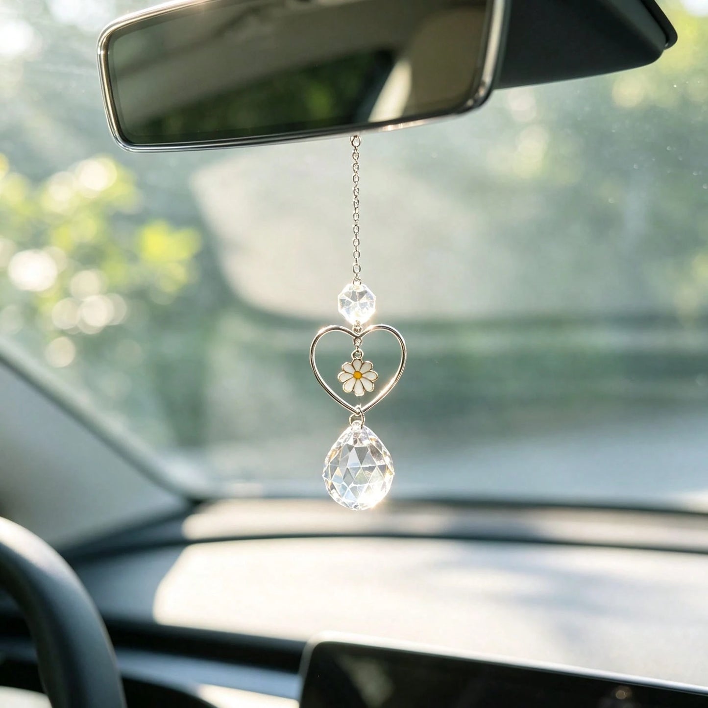 1pc Heart Flower Crystal Car Rearview Mirror Pendant, Elegant Style Auto Interior Decor Vehicle Accessory