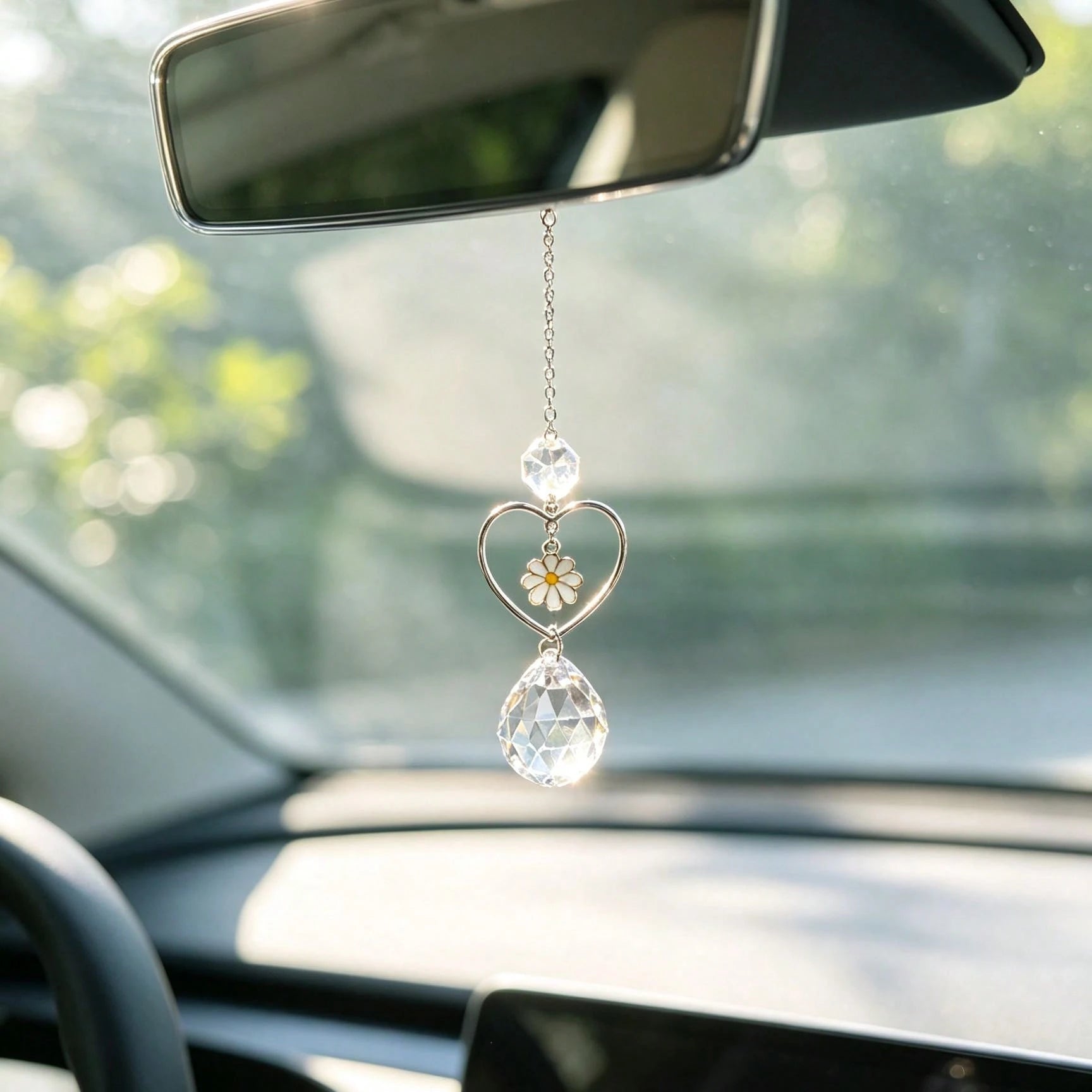 1pc Heart Flower Crystal Car Rearview Mirror Pendant, Elegant Style Auto Interior Decor Vehicle Accessory