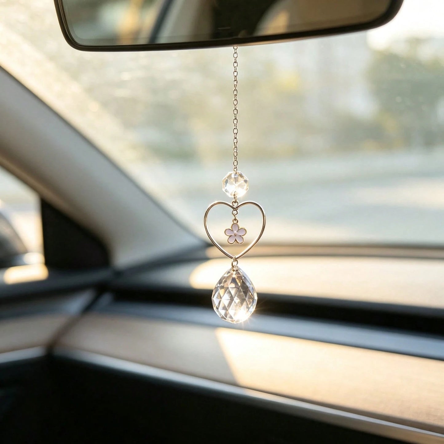 1pc Heart Flower Crystal Car Rearview Mirror Pendant, Elegant Style Auto Interior Decor Vehicle Accessory