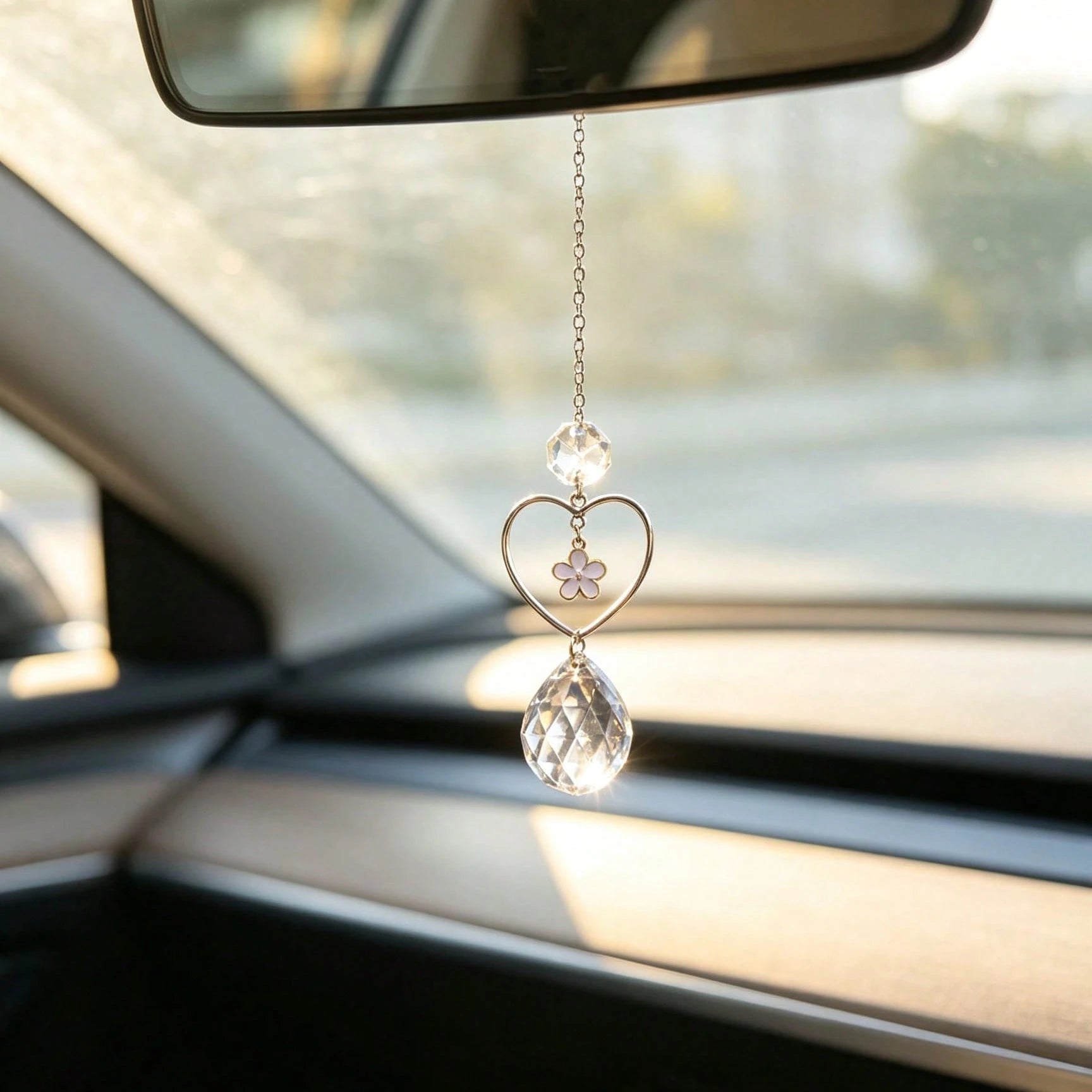 1pc Heart Flower Crystal Car Rearview Mirror Pendant, Elegant Style Auto Interior Decor Vehicle Accessory