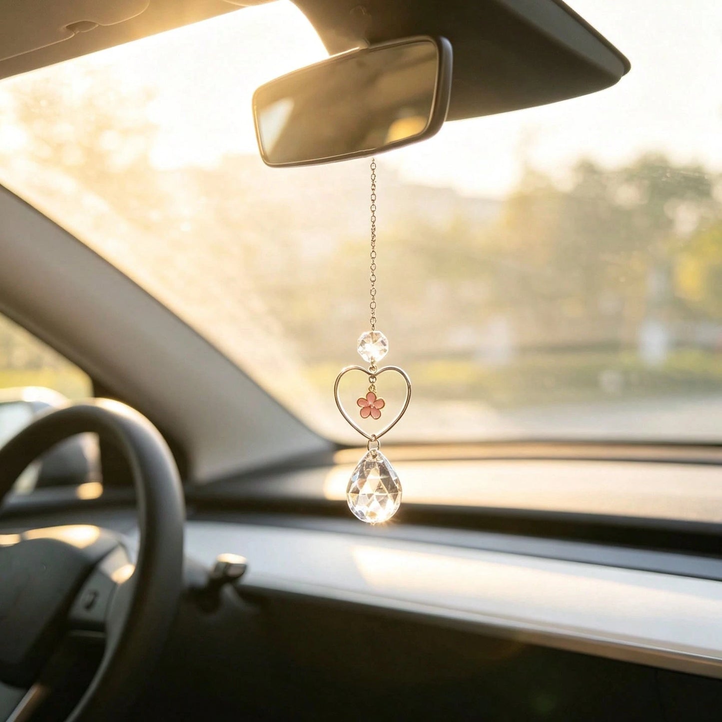 1pc Heart Flower Crystal Car Rearview Mirror Pendant, Elegant Style Auto Interior Decor Vehicle Accessory