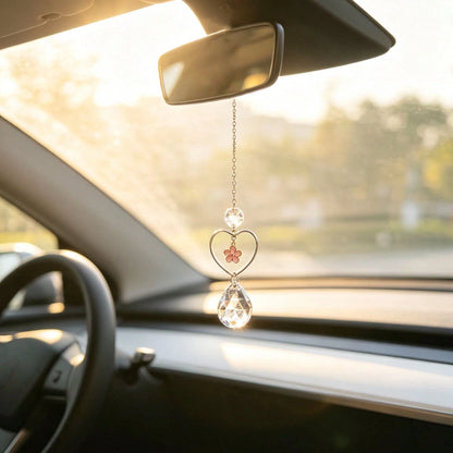 1pc Heart Flower Crystal Car Rearview Mirror Pendant, Elegant Style Auto Interior Decor Vehicle Accessory