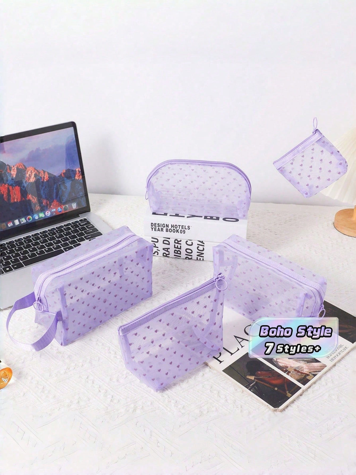 1PC Heart Print Mesh Makeup Bag Set Toiletry Cosmetic Purse With Zipper Portable Storage Organizer For Home Office Travel Christmas Gift Boho Purple