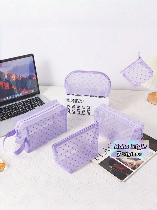 1PC Heart Print Mesh Makeup Bag Set Toiletry Cosmetic Purse With Zipper Portable Storage Organizer For Home Office Travel Christmas Gift Boho Purple