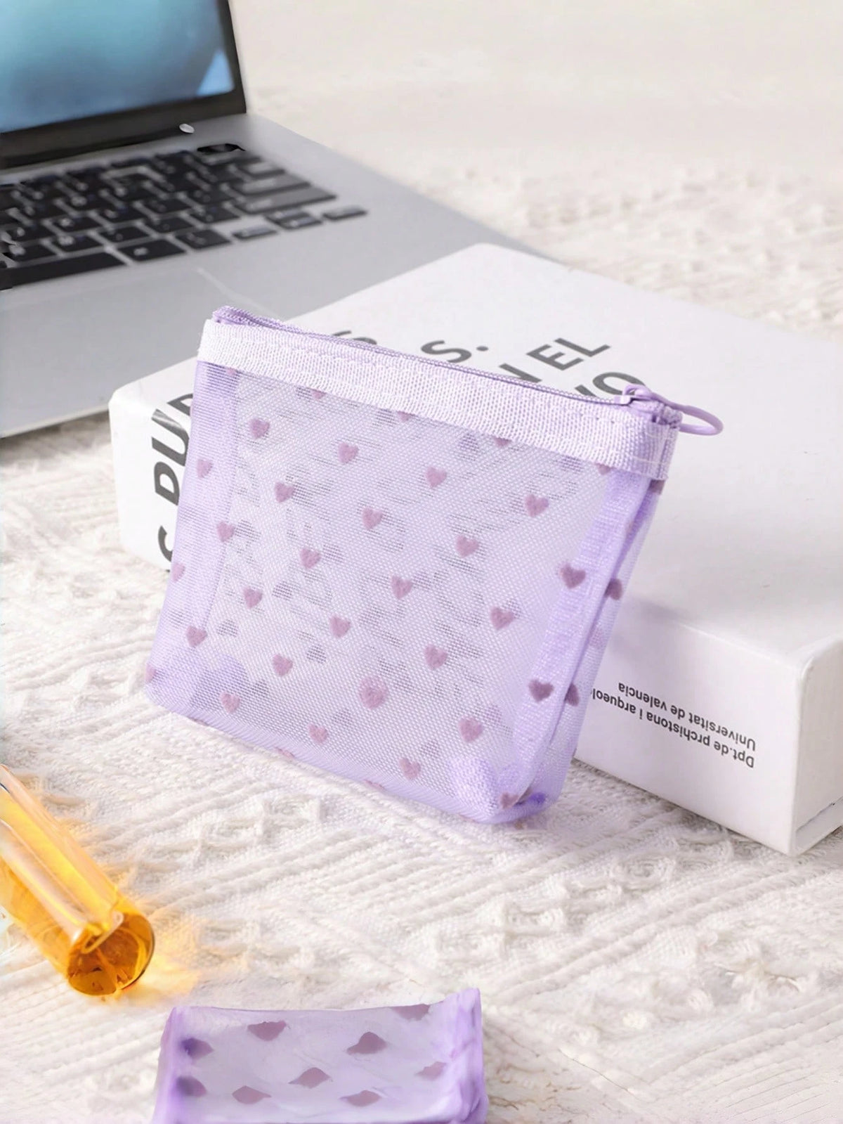 1PC Heart Print Mesh Makeup Bag Set Toiletry Cosmetic Purse With Zipper Portable Storage Organizer For Home Office Travel Christmas Gift Boho Purple