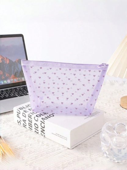 1PC Heart Print Mesh Makeup Bag Set Toiletry Cosmetic Purse With Zipper Portable Storage Organizer For Home Office Travel Christmas Gift Boho Purple