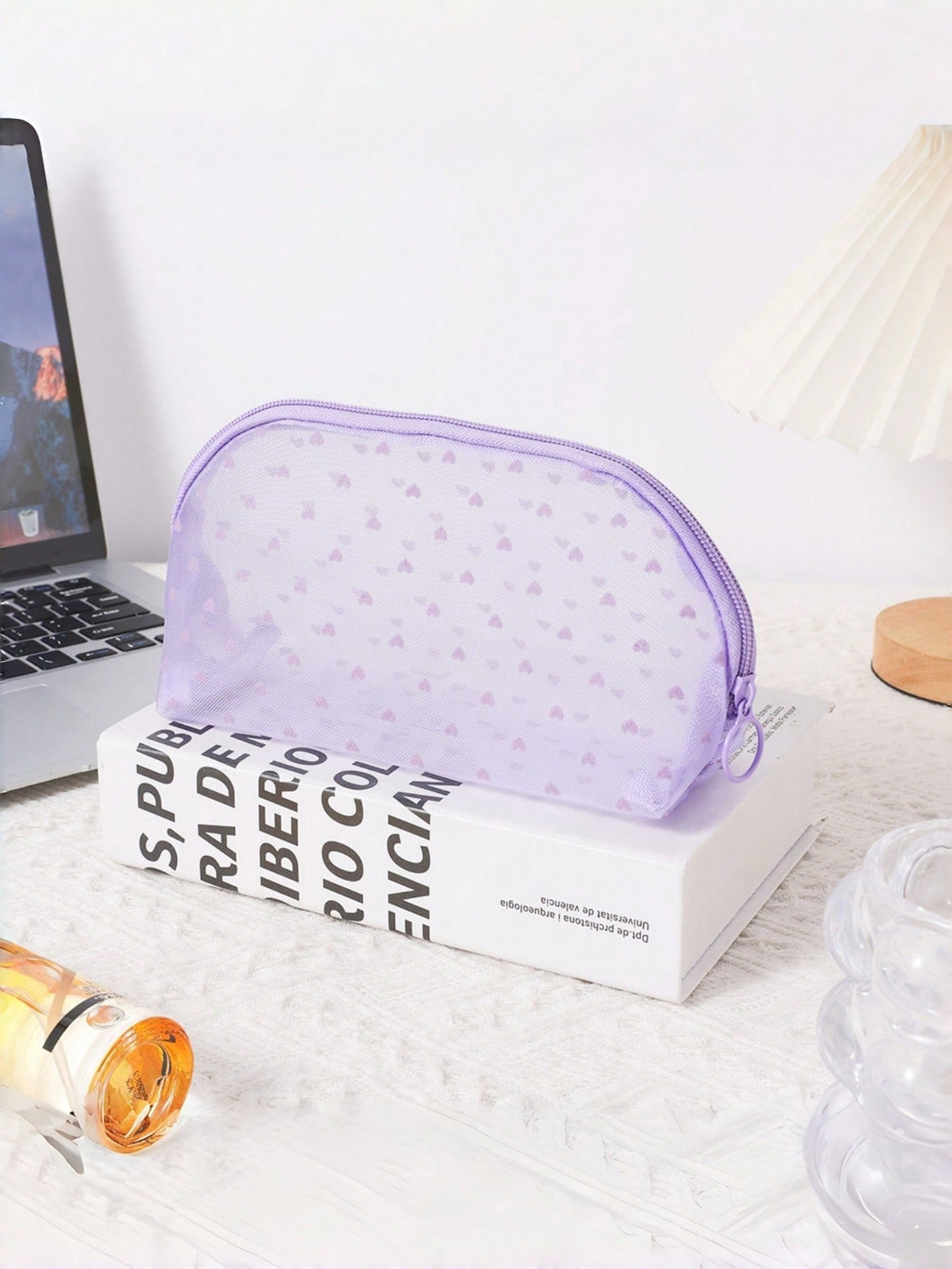 1PC Heart Print Mesh Makeup Bag Set Toiletry Cosmetic Purse With Zipper Portable Storage Organizer For Home Office Travel Christmas Gift Boho Purple