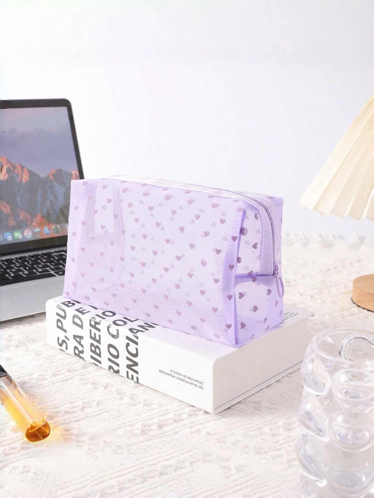 1PC Heart Print Mesh Makeup Bag Set Toiletry Cosmetic Purse With Zipper Portable Storage Organizer For Home Office Travel Christmas Gift Boho Purple