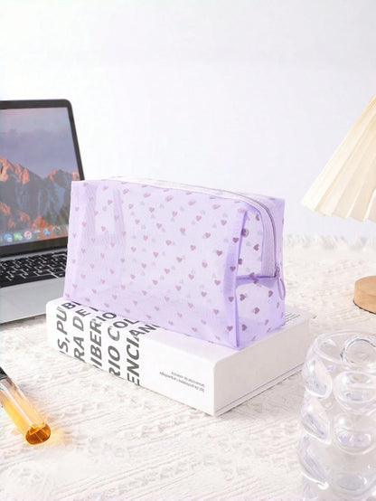1PC Heart Print Mesh Makeup Bag Set Toiletry Cosmetic Purse With Zipper Portable Storage Organizer For Home Office Travel Christmas Gift Boho Purple