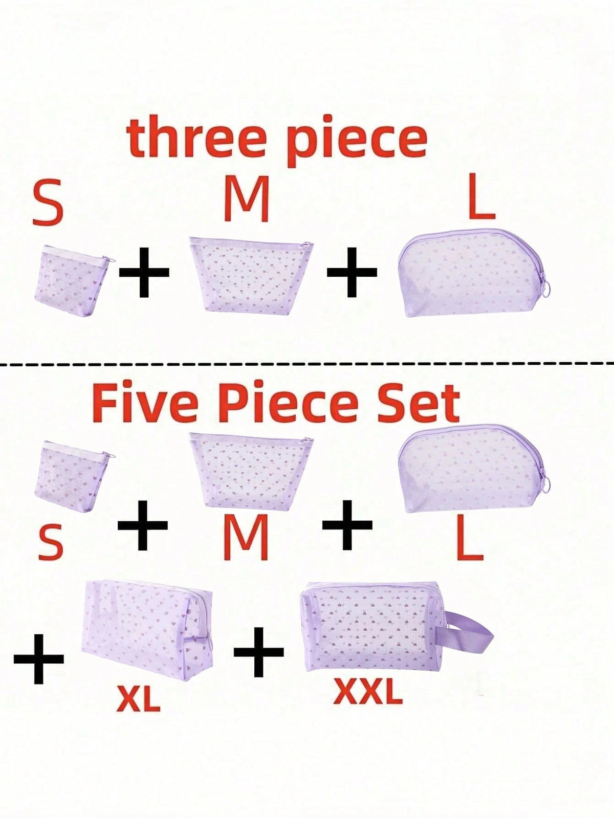 1PC Heart Print Mesh Makeup Bag Set Toiletry Cosmetic Purse With Zipper Portable Storage Organizer For Home Office Travel Christmas Gift Boho Purple