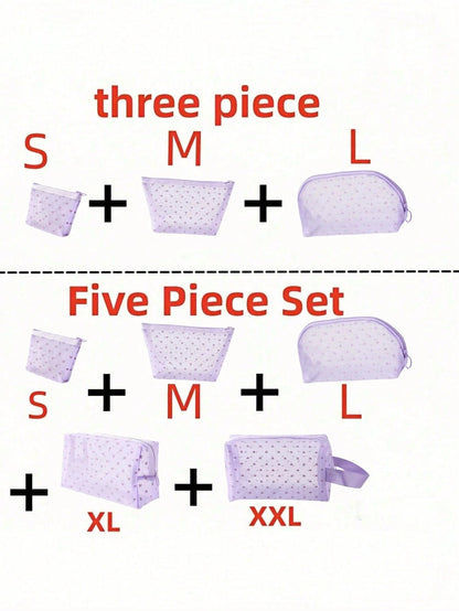 1PC Heart Print Mesh Makeup Bag Set Toiletry Cosmetic Purse With Zipper Portable Storage Organizer For Home Office Travel Christmas Gift Boho Purple