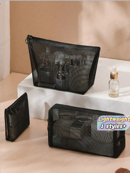 1PC Heart Print Mesh Makeup Bag Set Toiletry Cosmetic Purse With Zipper Portable Storage Organizer For Home Office Travel Christmas Gift Boho Purple