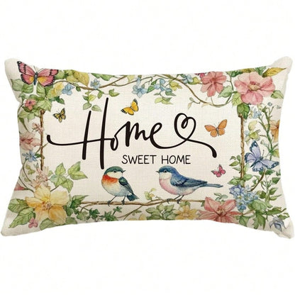 1PC Home Sweet Bird And Floral Pillowcase, 12 X 20 Inches Spring And Summer Floral Cushion Cover, For Sofa, Living Room, And Bedroom Decor, Single-Sided, Pillow Not Included
