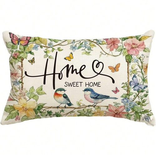 1PC Home Sweet Bird And Floral Pillowcase, 12 X 20 Inches Spring And Summer Floral Cushion Cover, For Sofa, Living Room, And Bedroom Decor, Single-Sided, Pillow Not Included
