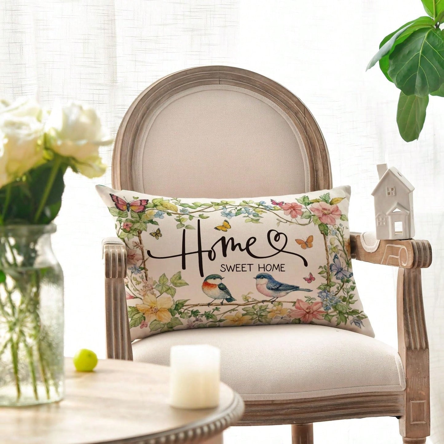 1PC Home Sweet Bird And Floral Pillowcase, 12 X 20 Inches Spring And Summer Floral Cushion Cover, For Sofa, Living Room, And Bedroom Decor, Single-Sided, Pillow Not Included