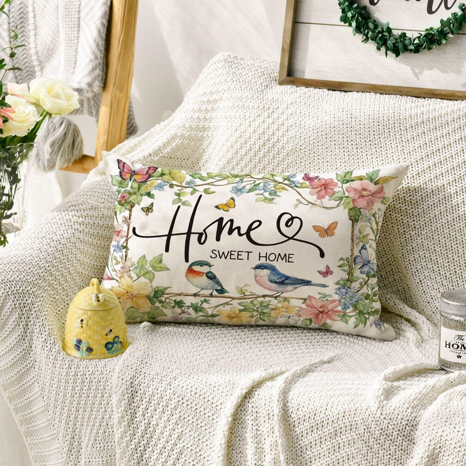 1PC Home Sweet Bird And Floral Pillowcase, 12 X 20 Inches Spring And Summer Floral Cushion Cover, For Sofa, Living Room, And Bedroom Decor, Single-Sided, Pillow Not Included
