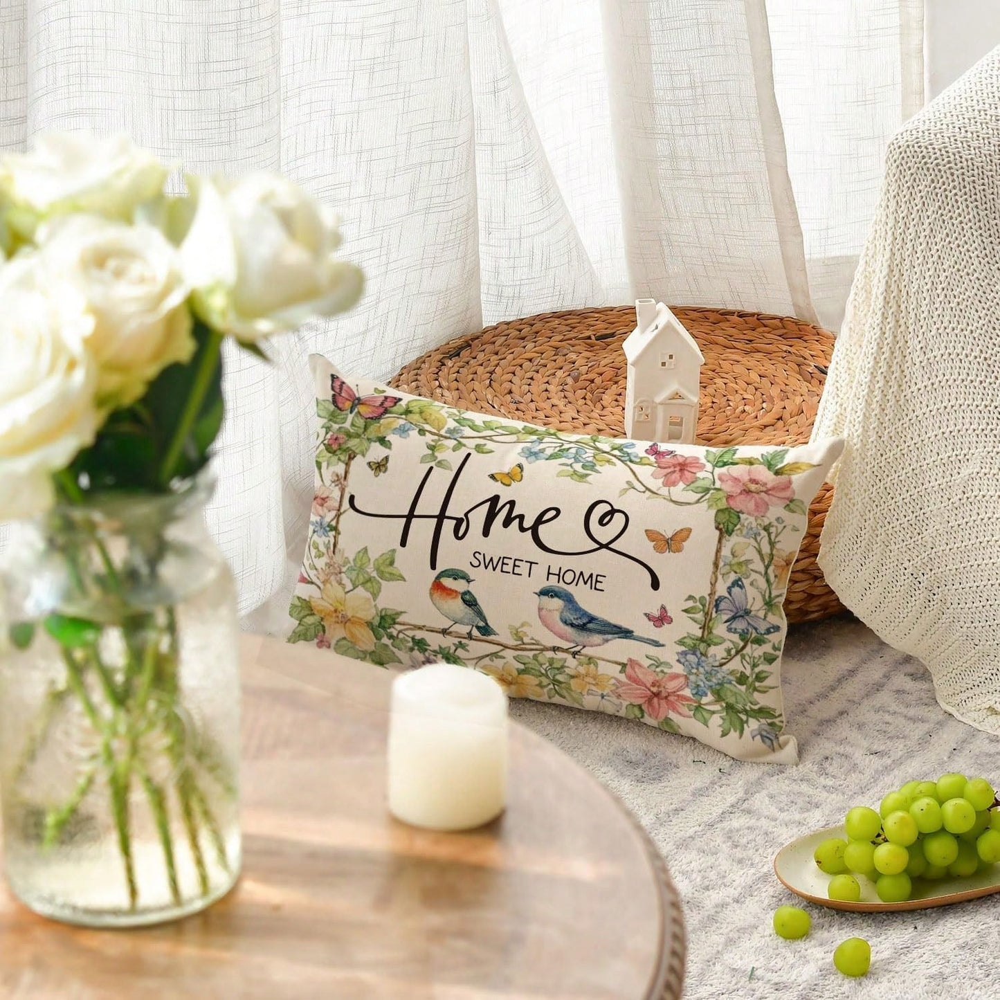 1PC Home Sweet Bird And Floral Pillowcase, 12 X 20 Inches Spring And Summer Floral Cushion Cover, For Sofa, Living Room, And Bedroom Decor, Single-Sided, Pillow Not Included